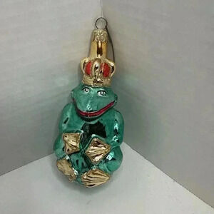 Vintage Frog Prince Christmas Ornament Glitter Green Gold 5" Holiday Tree Deco